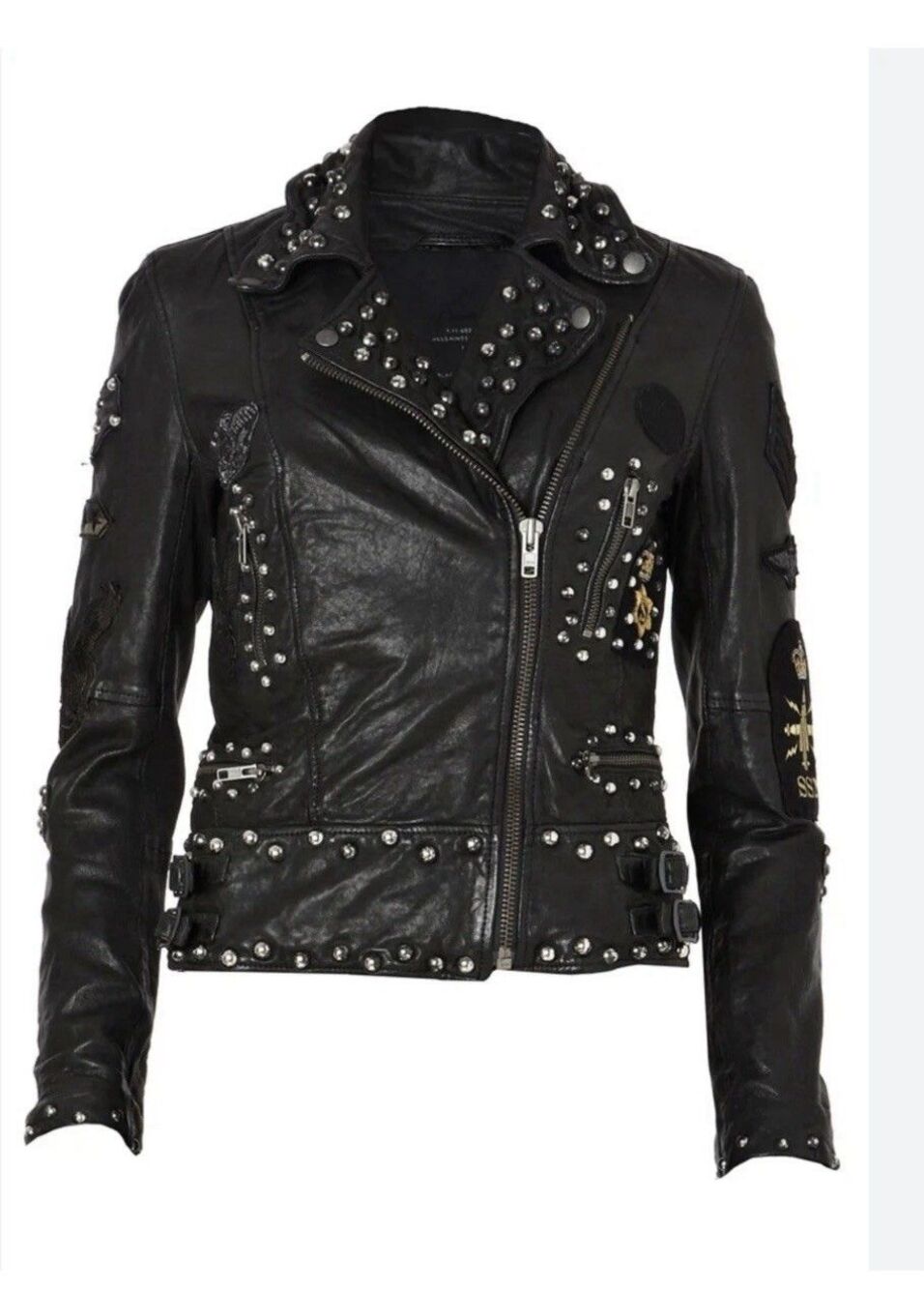 VTG AllSaints Harris Studs & Patched Military Punk Biker Leather Jacket UK10 US6